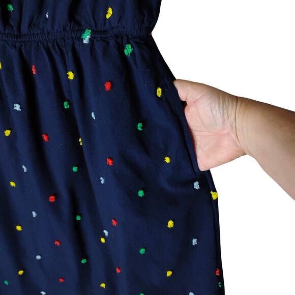 Crown & Ivy Dress Large Dark Blue with Colorful Fuzzy Pom Pom Texture Pullover - Picture 6 of 9